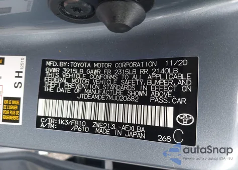 2021 Toyota Corolla Hybrid Le z USA, uszkodzony, nr VIN JTDEAMDE7MJ020682